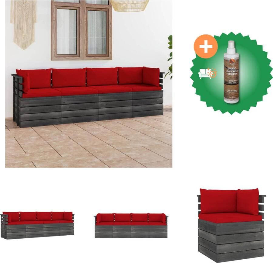 VidaXL Palletbank Grenenhout 60 x 65 x 71.5 cm Rood kussen Tuinset Inclusief Houtreiniger en verfrisser