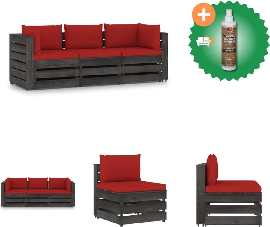 VidaXL Palletbank Grenenhout 69 x 70 x 66 cm Rood kussen Tuinset Inclusief Houtreiniger en verfrisser