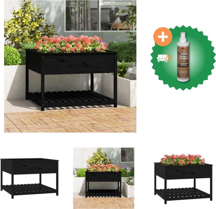 VidaXL Plantenbak met schap 111 5x111 5x81 cm massief grenenhout zwart Bloempot Inclusief Houtreiniger en verfrisser