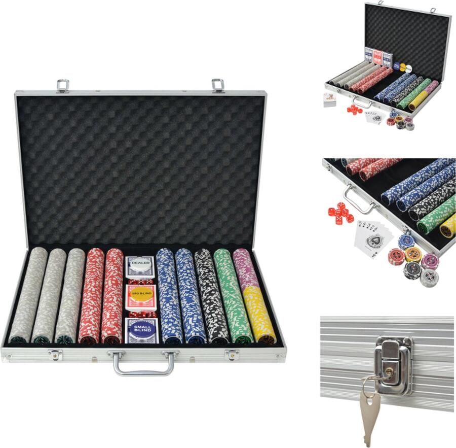VidaXL Pokerset met 6 Casino Dobbelstenen 3 Kaartendecks Las Vegas Stijl 1000 Laser Chips Aluminium Koffer Meerkleurig 53 x 37 x 6.7 cm Pokerset