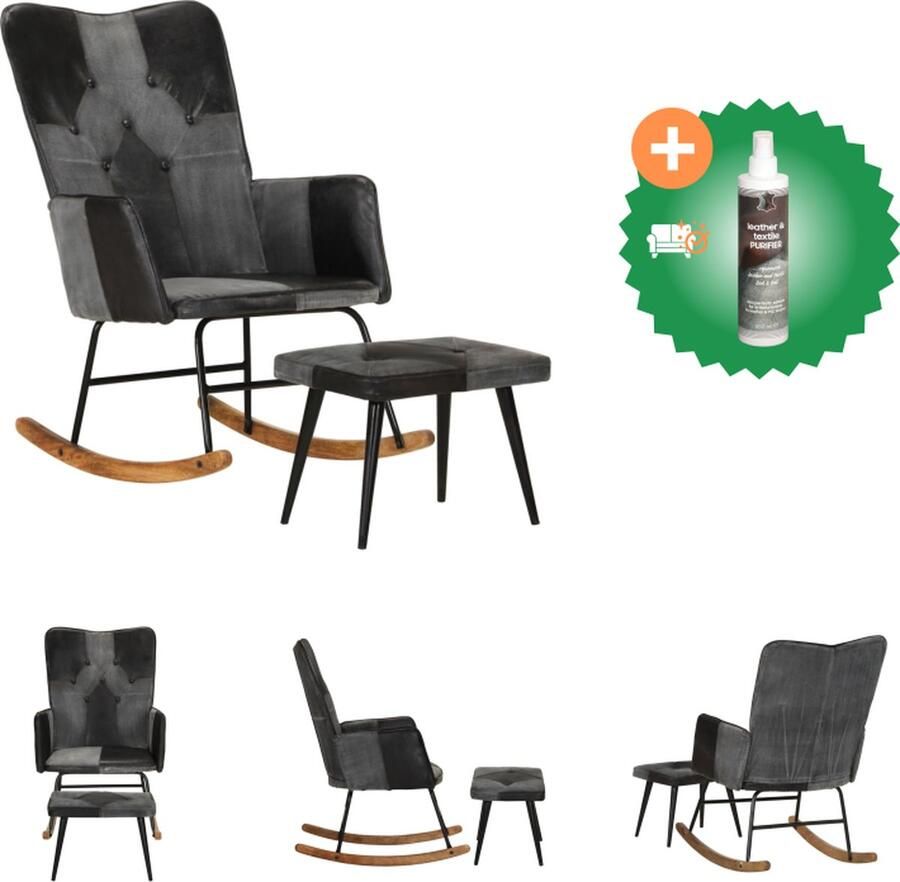 VidaXL Schommelstoel Leer Zwart 56x74x93 cm Inclusief voetenbank Schommelstoel Inclusief Reiniger