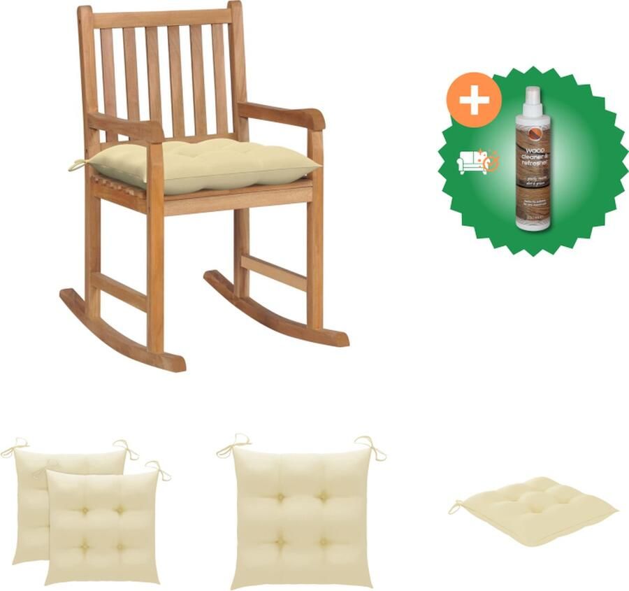 VidaXL Schommelstoel Teakhout 58x92.5x106 cm Crèmewit kussen Tuinstoel Inclusief Houtreiniger en verfrisser