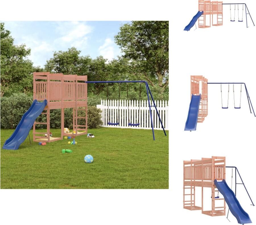 VidaXL Speeltorens met brug Massief douglashout Golfglijbaan Dubbele schommelset 314 x 535 x 207 cm Blauwe glijbaan Blauwe schommel Montage vereist Speeltoestellencombinatie