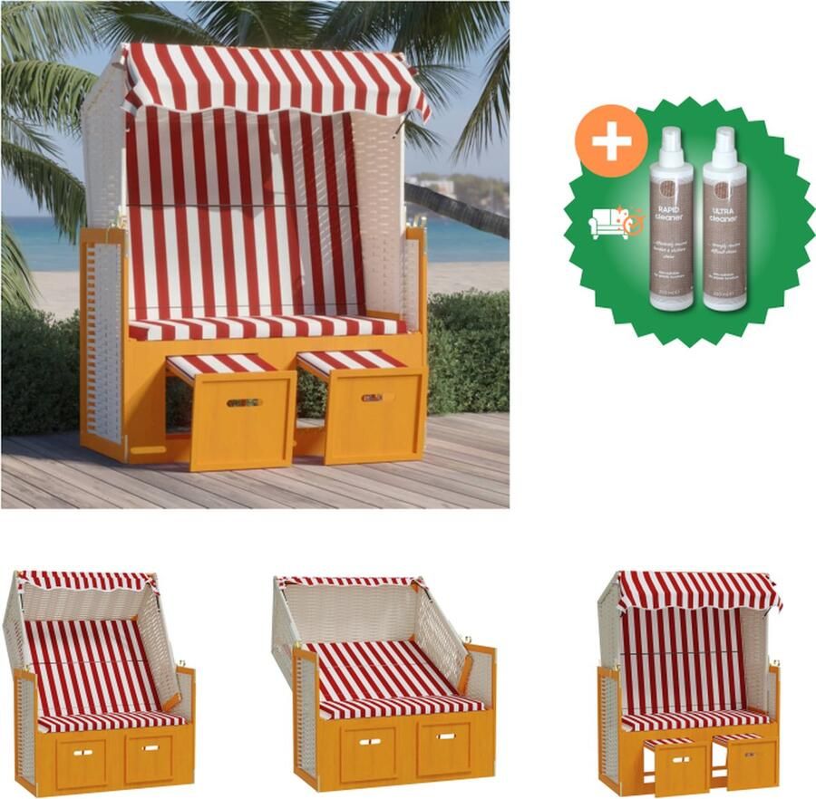 VidaXL Strandstoel Comfortabele lounger Poly rattan Verstelbare rugleuning Uitschuifbare voetensteun Luifel Rood en wit 115x55x133 151 156cm Ligbed Inclusief Onderhoudsset
