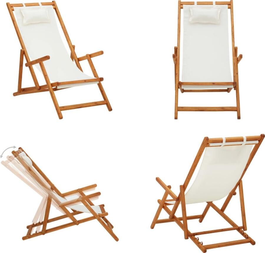 VidaXL Strandstoel inklapbaar massief eucalyptushout en stof crème Strandstoel Strandstoelen Houten Stoel Houten Stoelen
