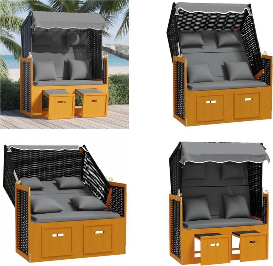 VidaXL Strandstoel met kussen poly rattan en hout zwart en antraciet Strandstoel Strandstoelen Strandkorb Zitstoel