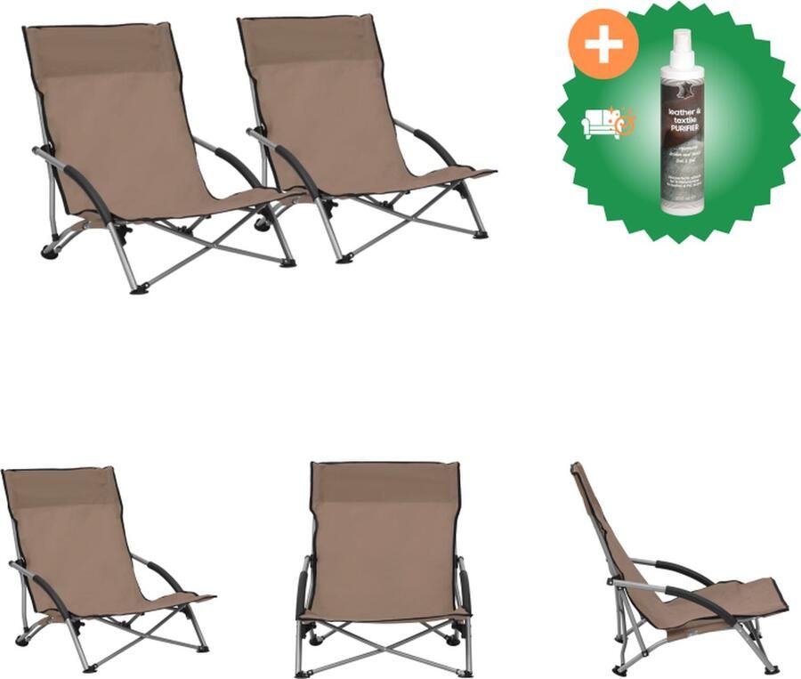 VidaXL Strandstoel Oxford Stof en Staal 55.5 x 65.5 x 66 cm Inklapbaar Taupe Set van 2 Tuinstoel Inclusief Reiniger