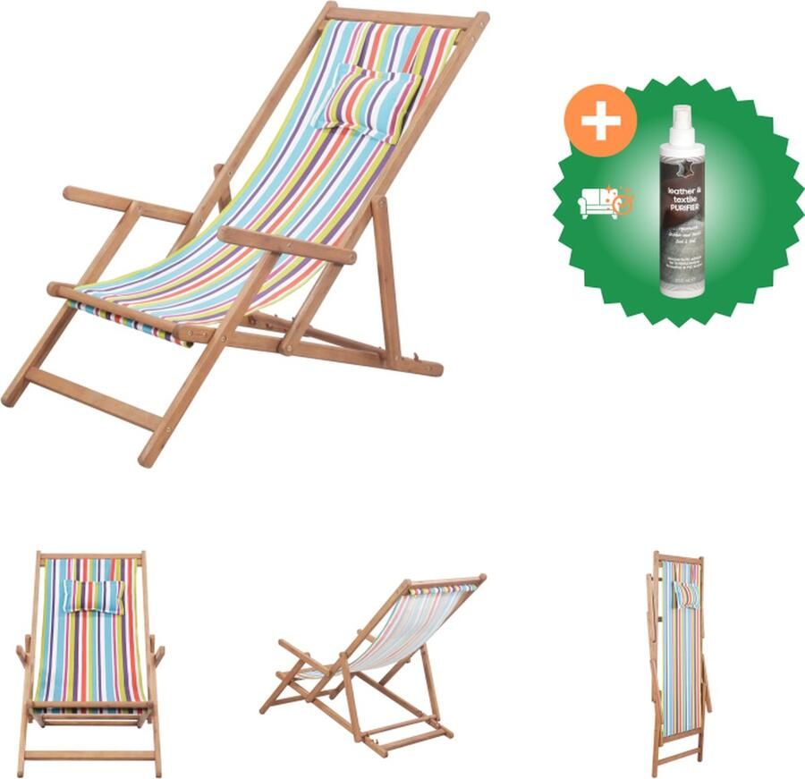 VidaXL Strandstoel Verstelbaar Houten frame Meerkleurig 60x112 119 127cm Eucalyptushout Polyester Inklapbaar Tuinstoel Inclusief Reiniger