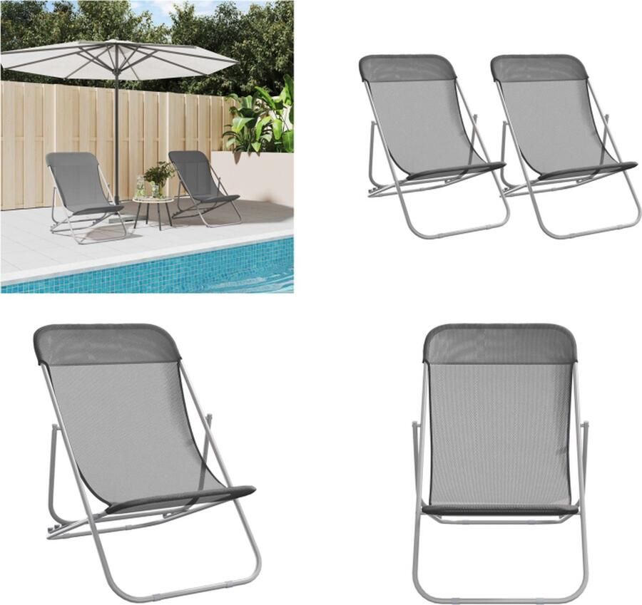 VidaXL Strandstoelen 2 st textileen en gepoedercoat staal grijs Strandstoel Strandstoelen Inklapbare Stoel Campingstoel