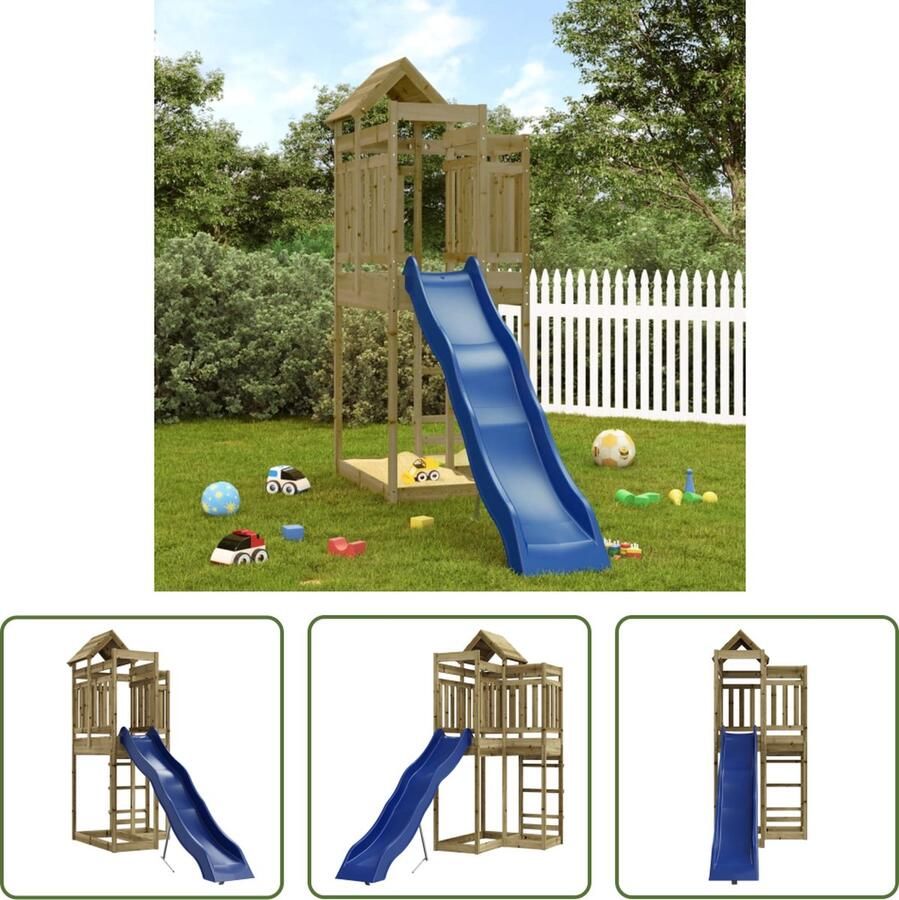 VidaXL The Living Store Speeltoren Geïmpregneerd grenenhout Multi-activiteitencentrum 107 x 292 x 238 cm Inclusief golvende glijbaan Blauw Geschikt voor leeftijd 3-8 jaar Max gewicht 45 kg
