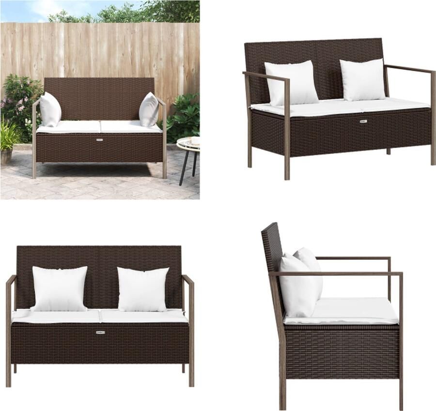 VidaXL Tuinbank 2-zits met kussens poly rattan bruin Tuinbank Tuinbanken Parkbank Tuinzetel