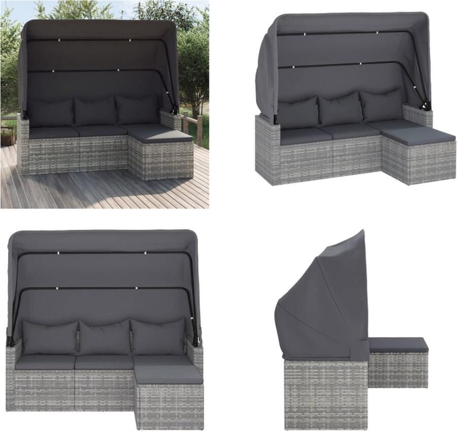 VidaXL Tuinbank 3-zits met dak en voetenbank poly rattan grijs Tuinbank Tuinbanken Loungebank Tuin Bank