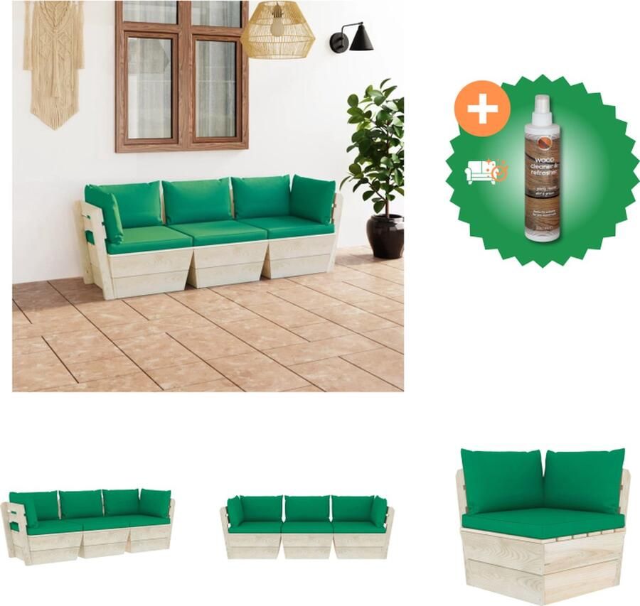 VidaXL Pallet Bank Hoekbank en Middenbank Groen Kussen Geïmpregneerd Vurenhout 60 x 60 x 65 cm Montage vereist Tuinset Inclusief Houtreiniger en verfrisser