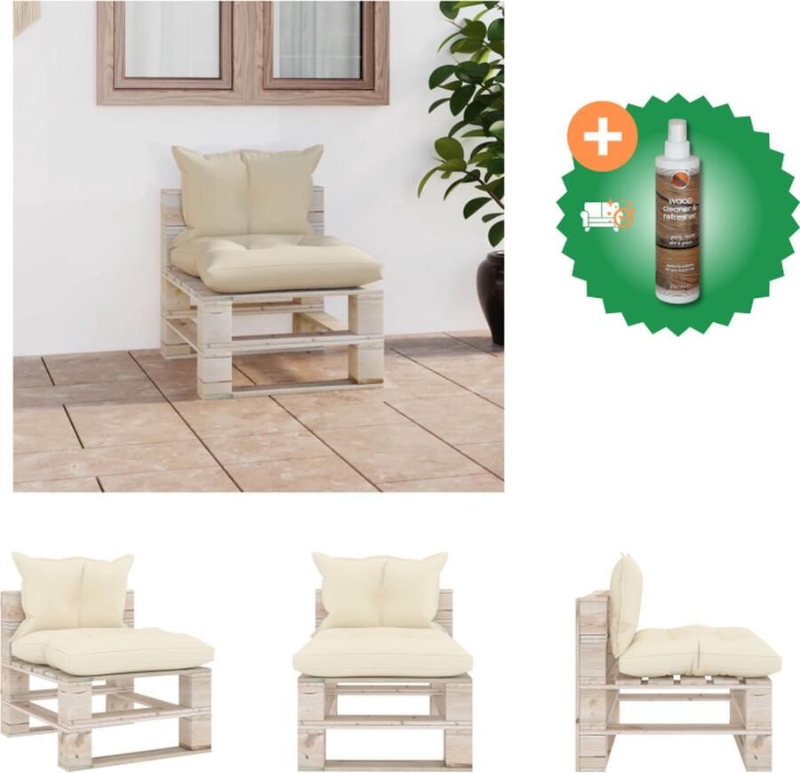 VidaXL Tuinbank Pallet Middenbank 60x69.4x62 cm Grenenhout Crème kussen Montage vereist Loungebank Inclusief Houtreiniger en verfrisser