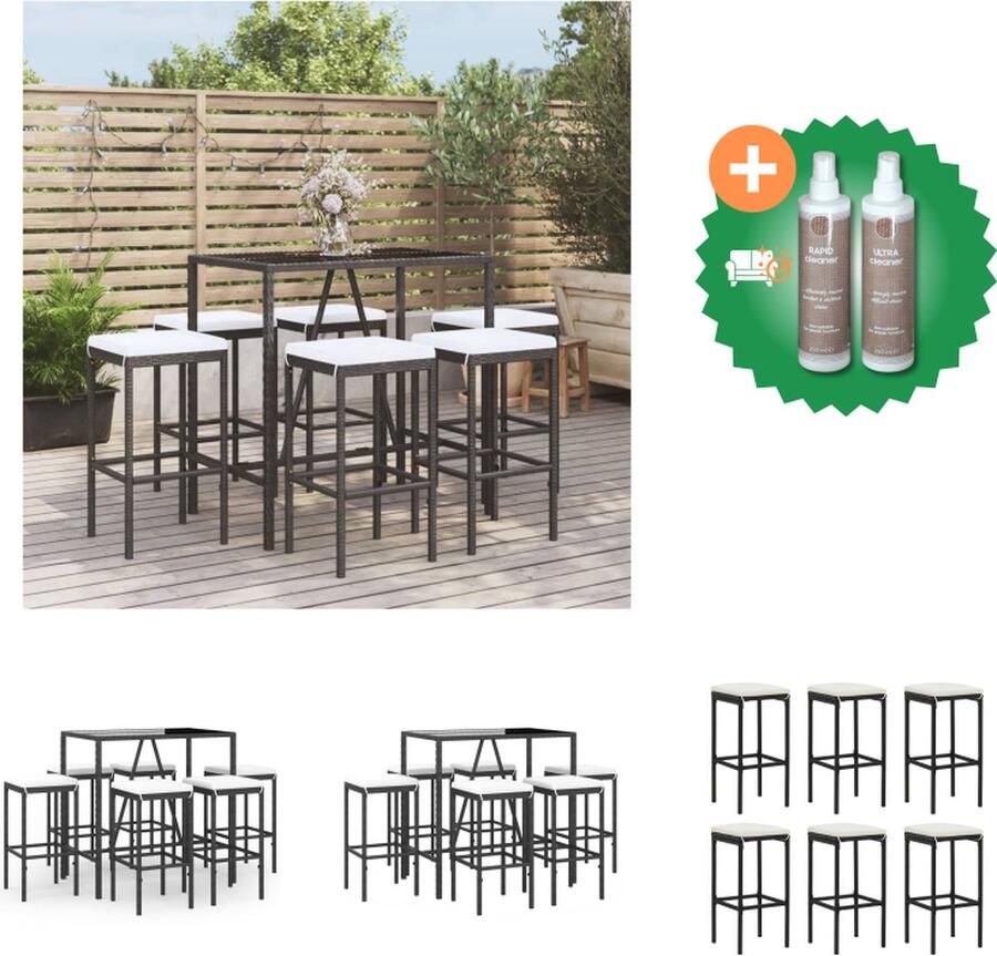 VidaXL Tuinbarset PE-rattan Zwart 110x70x110 cm Gehard glas Stabiel frame 6 barkrukken Crèmewitte kussens Tuinset Inclusief Onderhoudsset