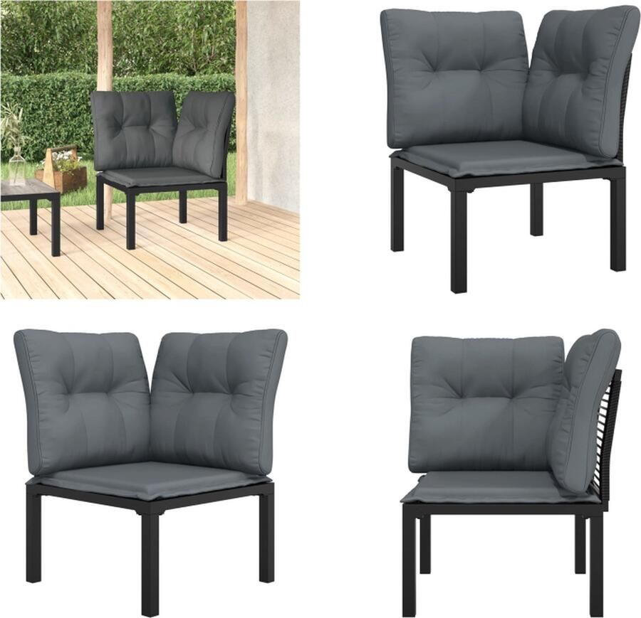 VidaXL Tuinhoekstoel met kussens poly rattan zwart en grijs Hoekstoel Hoekstoelen Stoel Enkele Stoel