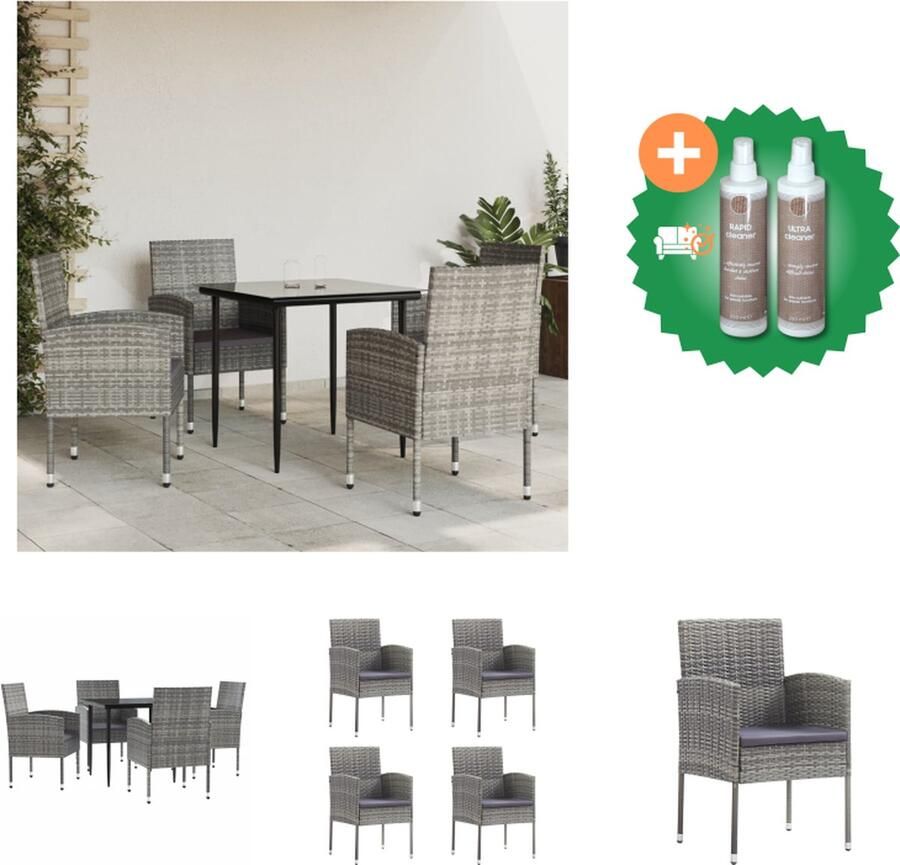 VidaXL Tuinset Elegant Tuintafel en 4 stoelen 80x80x74 cm Poly rattan Stalen frame Gehard glas Verwijderbare kussens Grijs Zwart 110 kg draagvermogen Montage vereist Tuinset Inclusief Onderhoudsset