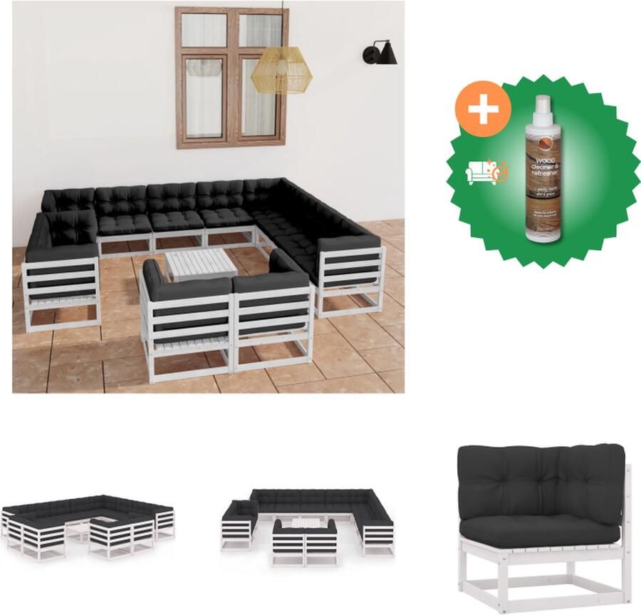 VidaXL Tuinset Grenenhout Hoekbank en middenbank Wit Antraciet kussens 70x70x67cm Montage vereist Levering bevat 7 hoekbank 5 middenbank 1 tafel 12 zitkussen 19 rugkussen Tuinset Inclusief Houtreiniger en verfrisser