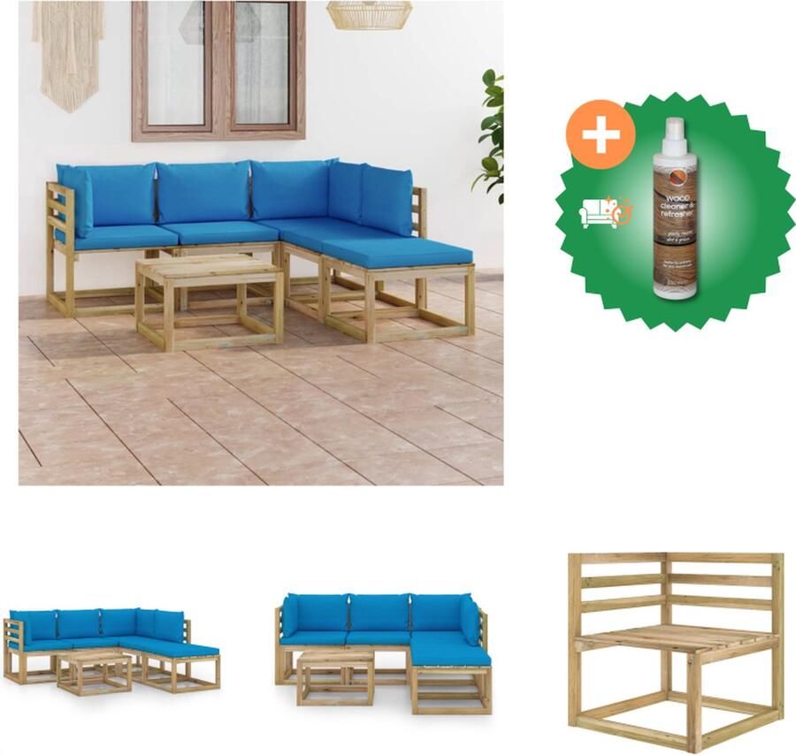 VidaXL Tuinset Grenenhout Hoekbank Middenbank Voetenbank Tafel Lichtblauwe Kussens 64x64x70cm 60x64x70cm 60x60x36.5cm Montage vereist Tuinset Inclusief Houtreiniger en verfrisser