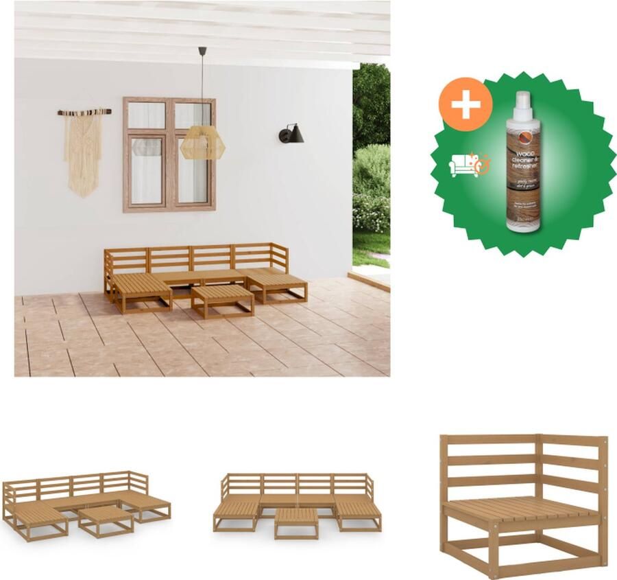 VidaXL Tuinset Grenenhout Honingbruin 2x middenbank 2x hoekbank 3x tafel voetenbank Tuinset Inclusief Houtreiniger en verfrisser