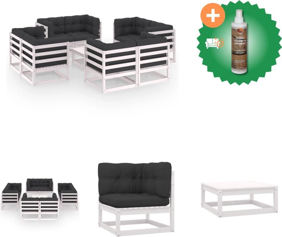 VidaXL Tuinset Grenenhout Wit 8x Hoekbank 1x Tafel 8x Zitkussen 16x Rug Zijkussen 70x70x67cm Montage vereist Tuinset Inclusief Houtreiniger en verfrisser