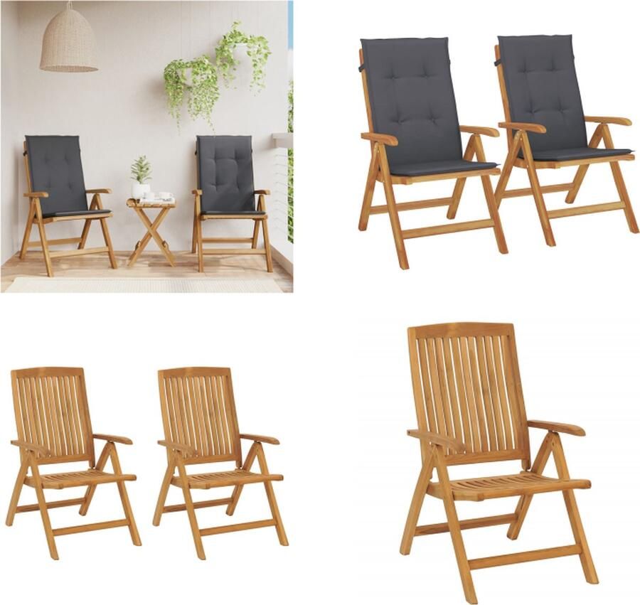 VidaXL Tuinstoelen 2 st verstelbaar met kussens massief teakhout Tuinstoel Tuinstoelen Campingstoel Standenstoel