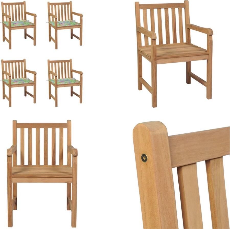 VidaXL Tuinstoelen 4 st met bladpatroon kussens massief teakhout Tuinstoel Tuinstoelen Buitenstoel Buitenstoelen