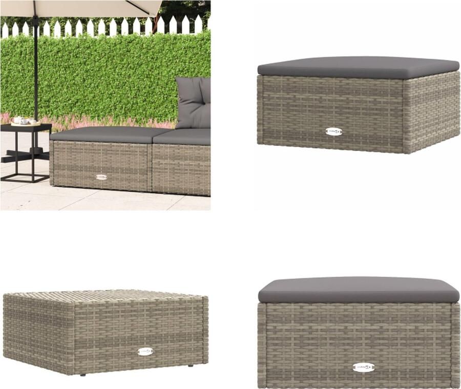 VidaXL Tuinvoetenbank met kussen poly rattan grijs Voetenbank Voetenbanken Voetenbankje Rattan Voetenbank