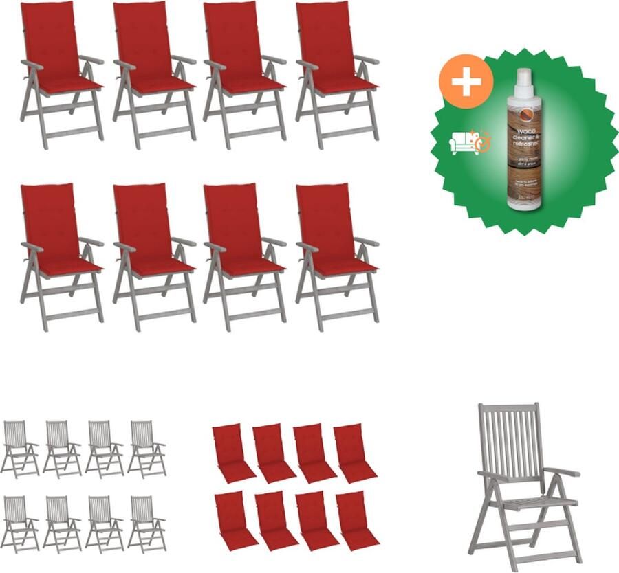 VidaXL Verstelbare Stoelenset Acaciahout Grijs 56 x 70 x 110 cm Inclusief 8 Leunstoelen Kussens Tuinstoel Inclusief Houtreiniger en verfrisser