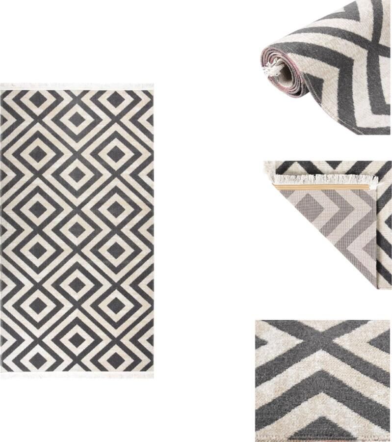 VidaXL Vloerkleed Tuinkleed 80 x 150 cm Robuust en Gemakkelijk Schoon te Maken Geschikt voor Vloerverwarming Weerbestendig Uniek en Trendy Jacquardpatroon Lichtzwart en Lichtbeige PP Materiaal Buitenkeuken