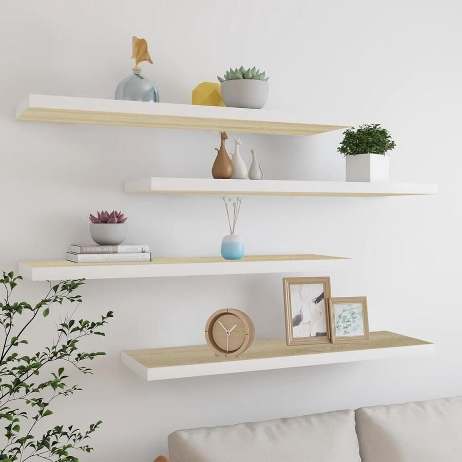 VidaXL -Wandschappen-zwevend-4-st-90x23 5x3 8-cm-MDF-eikenkleurig-wit