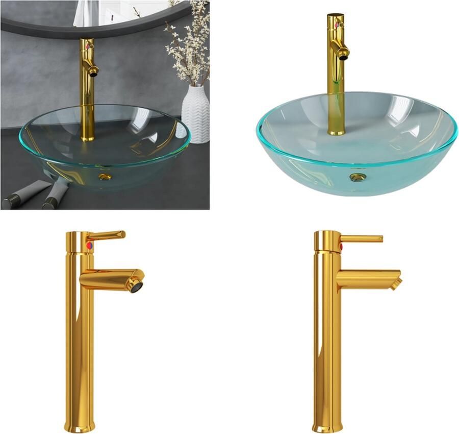 VidaXL Wastafel met kraan en pop-up afvoer gehard glas transparant Gootsteen Gootstenen Wastafel Wasbak