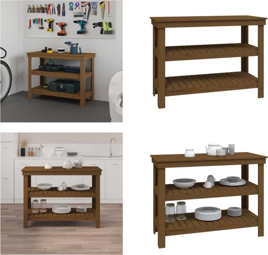 VidaXL Werkbank 110-5x50x80 cm massief grenenhout honingbruin Werkbank Houten Werkbank Massief Houten Werkbank Opbergbankje
