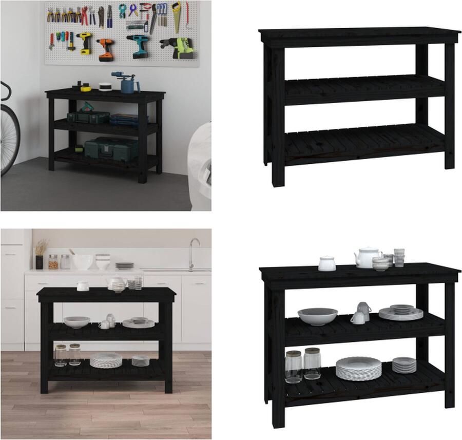 VidaXL werkbank 110-5x50x80 cm massief grenenhout zwart Werkbank Houten Werkbank Massief Houten Werkbank Opbergbankje