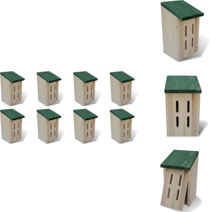 VidaXL Vlinderkastjes Set Massief hout Natuurlijke houtkleur Groen dak 14x15x22 cm Inclusief 8 huisjes Insectenhotel