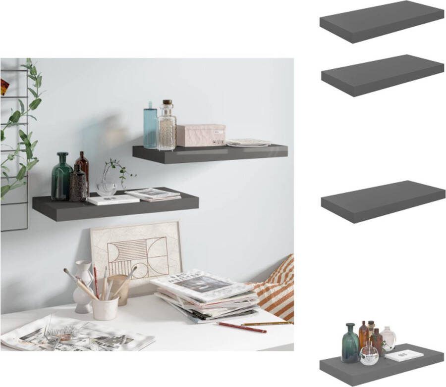 VidaXL Wandplanken Set Hoogglans Grijs 50 x 23 x 3.8 cm Honingraat MDF en Metaal Wandsteun