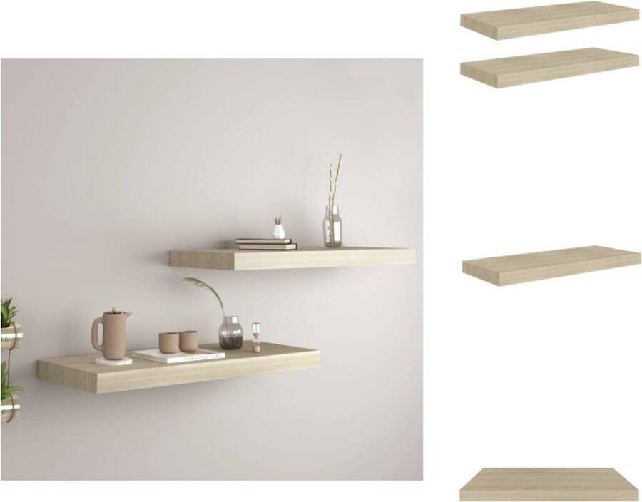 VidaXL Wandplanken Set van 2 Eiken 60 x 23.5 x 3.8 cm Onzichtbaar montagesysteem Hoogwaardig honingraat MDF en metaal Wandsteun