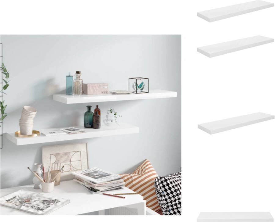 VidaXL Wandplanken Set van 2 Hoogglans wit 90 x 23.5 x 3.8 cm (L x B x H) Honingraat MDF en metaal Wandsteun