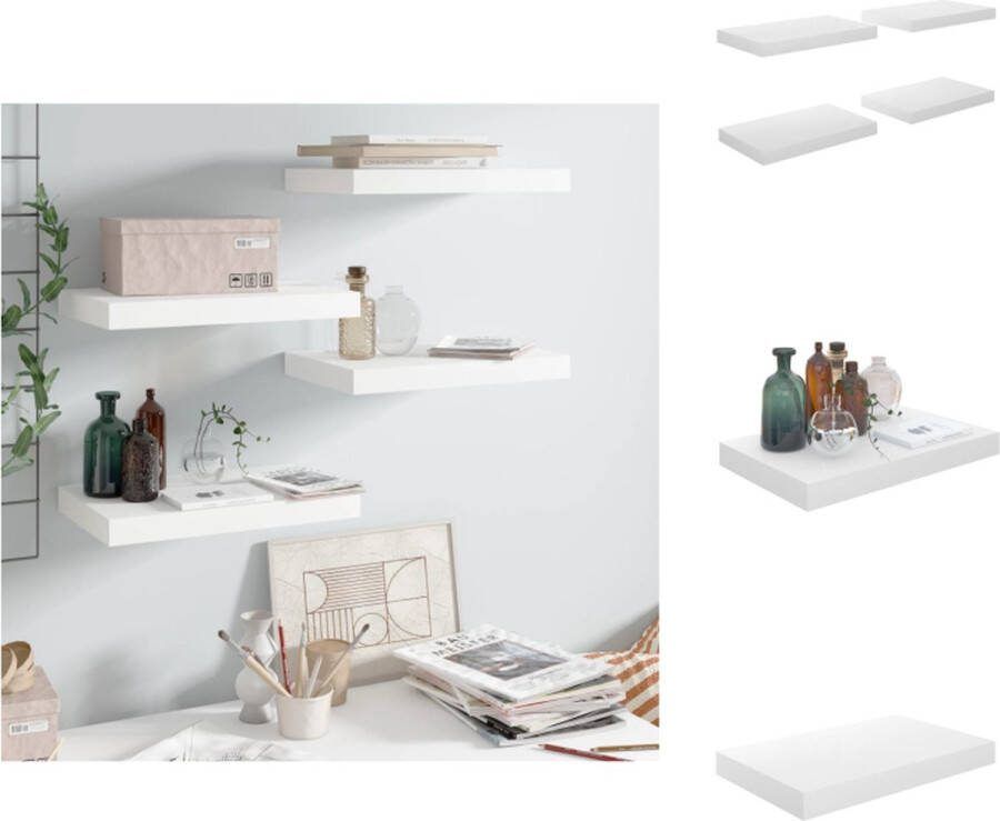 VidaXL Wandplanken Set van 4 Hoogglans wit 40 x 23 x 3.8 cm Honingraat MDF en metaal Wandsteun