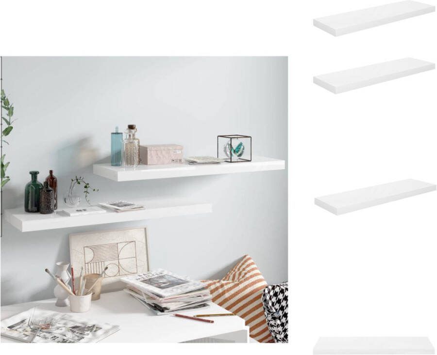 VidaXL Wandplanken Stijlvol Set van 2 Afmetingen- 80 x 23.5 x 3.8 cm Kleur- Hoogglans wit Materiaal- Honingraat MDF en metaal Wandsteun