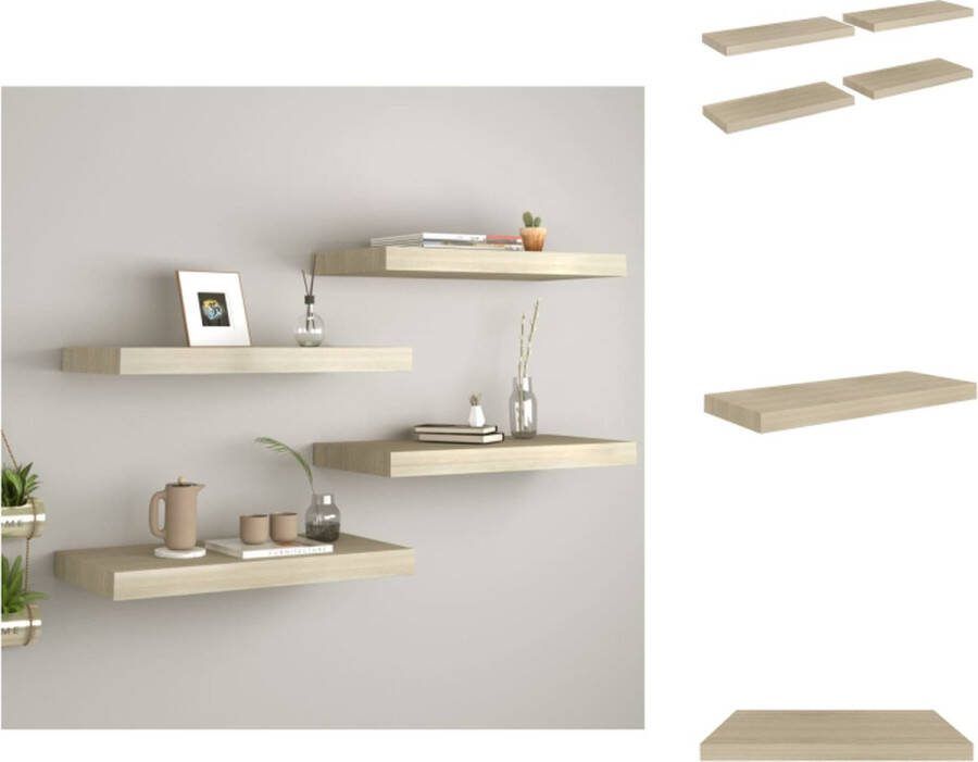 VidaXL Wandplanken Trendy Set van 4 60x23.5x3.8 cm Eikenkleurig Honingraat MDF en Metaal Wandsteun