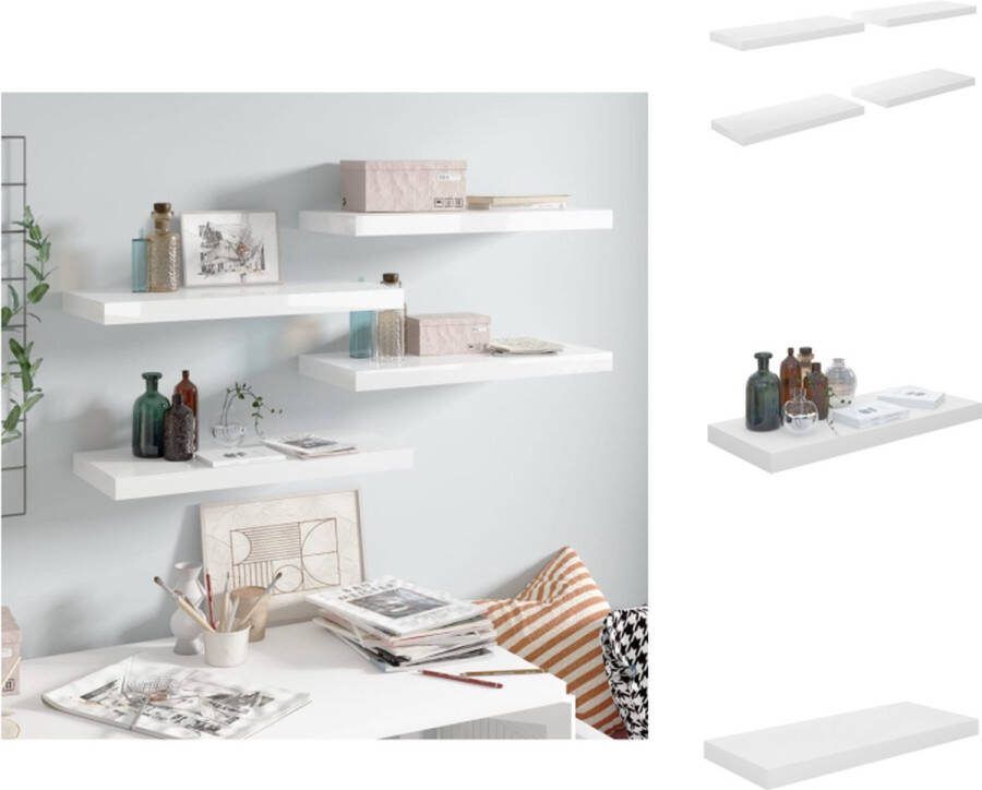 VidaXL Wandplanken Trendy set van 4 Hoogglans wit 60 x 23.5 x 3.8 cm Honingraat MDF en metaal Wandsteun