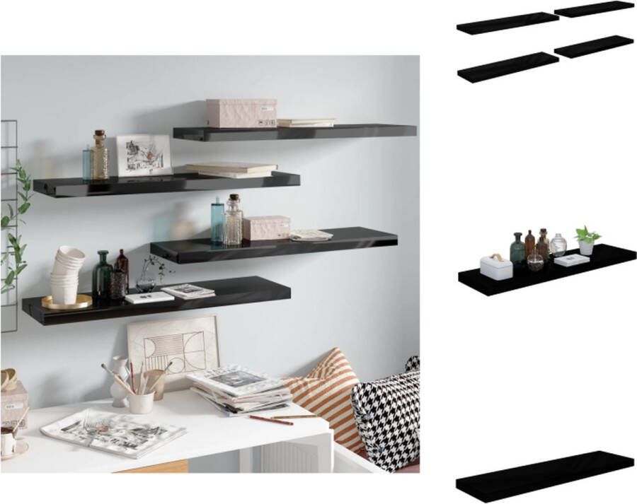 VidaXL Wandschap Set Trendy wandplanken van honingraat MDF en metaal Hoogglans zwart 90 x 23.5 x 3.8 cm Wandsteun