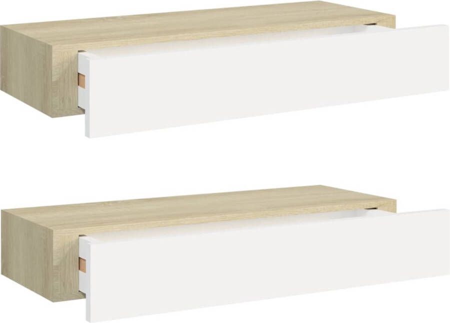 VidaXL -Wandschappen-2-st-met-lade-60x23 5x10-cm-MDF-eikenkleurig-wit