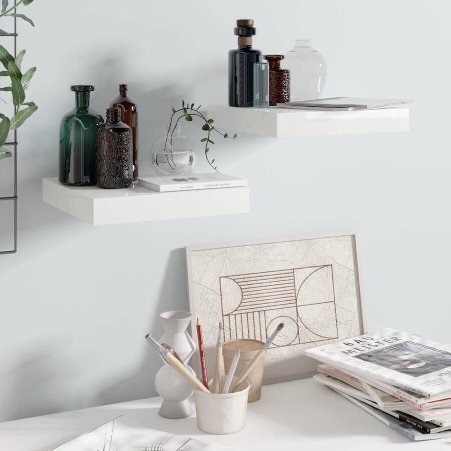VidaXL -Wandschappen-zwevend-2-st-23x23 5x3 8-cm-MDF-hoogglans-wit