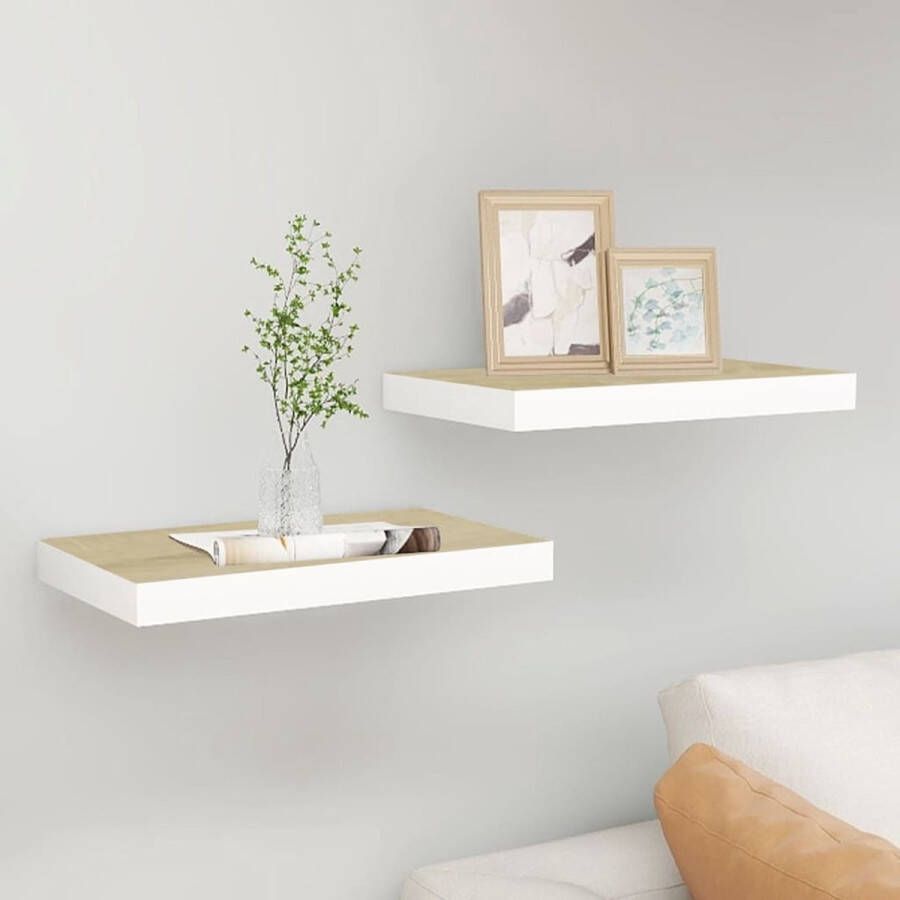 VidaXL -Wandschappen-zwevend-2-st-50x23x3 8-cm-MDF-eikenkleurig-en-wit