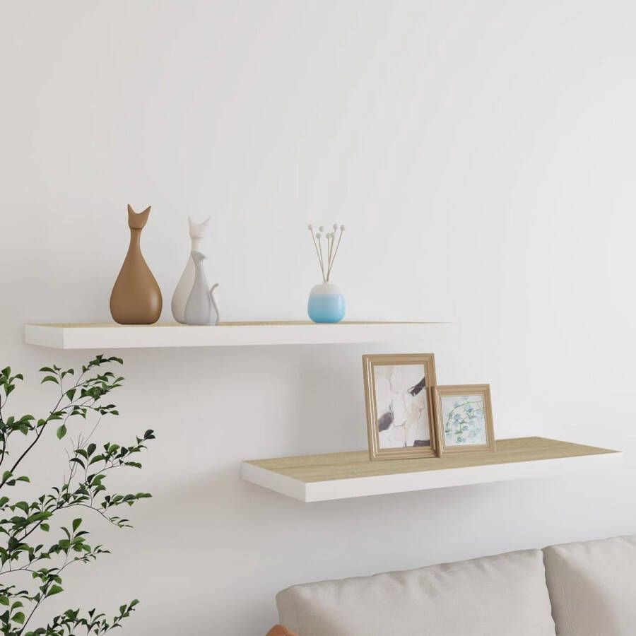VidaXL -Wandschappen-zwevend-2-st-80x23 5x3 8-cm-MDF-eikenkleurig-wit