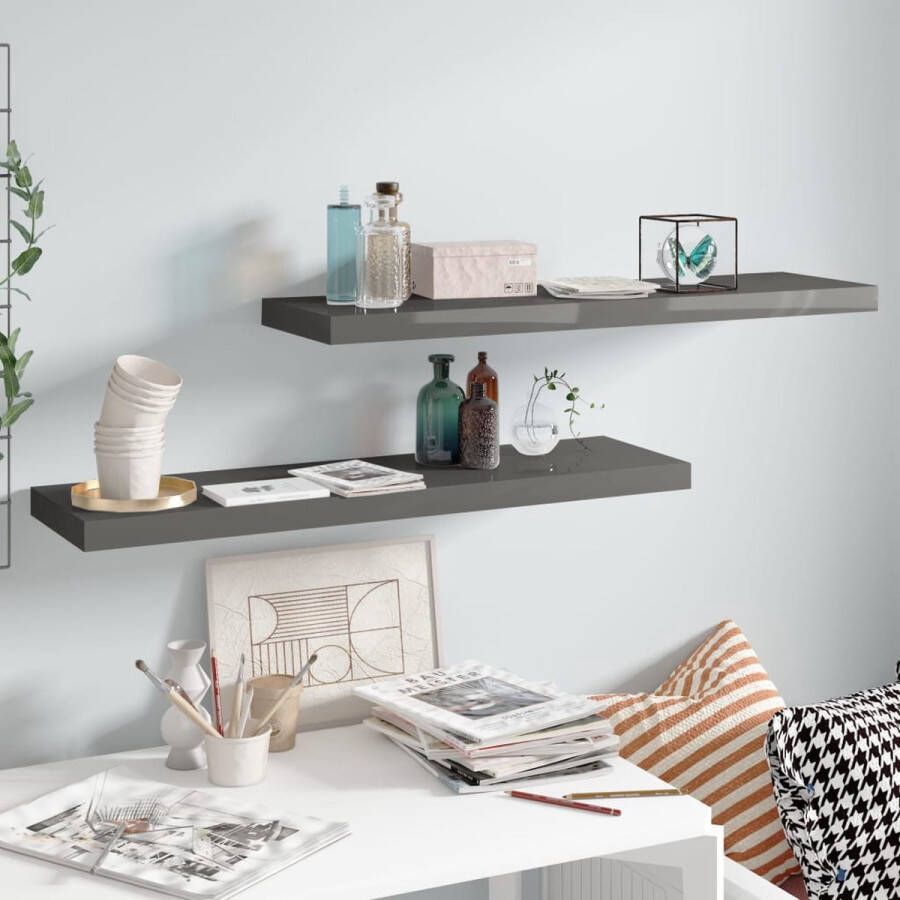 VidaXL -Wandschappen-zwevend-2-st-90x23 5x3 8-cm-MDF-hoogglans-grijs