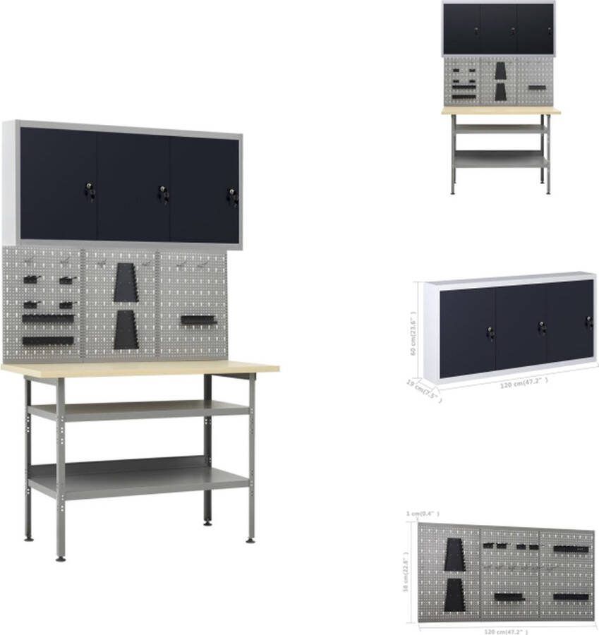 VidaXL Werkbank Combiset Grijs 120 x 60 cm Draagvermogen- 300 kg 2 schappen Werkbank