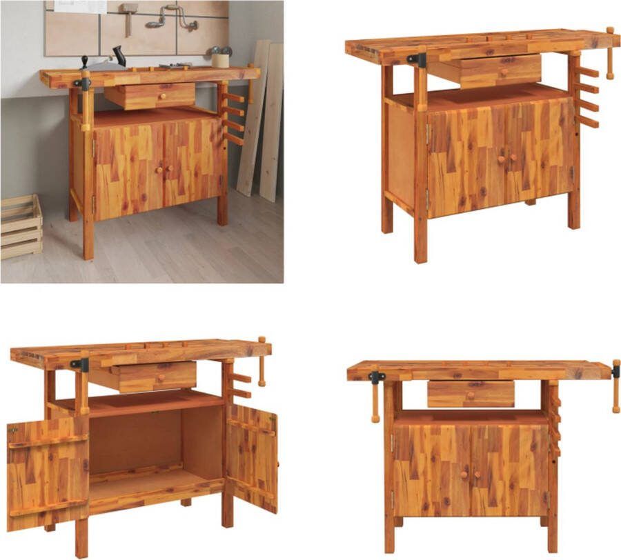 VidaXL Werkbank met lade en bankschroeven 124x52x83 cm acaciahout Werkbank Werkbanken Werktafel Werkstation